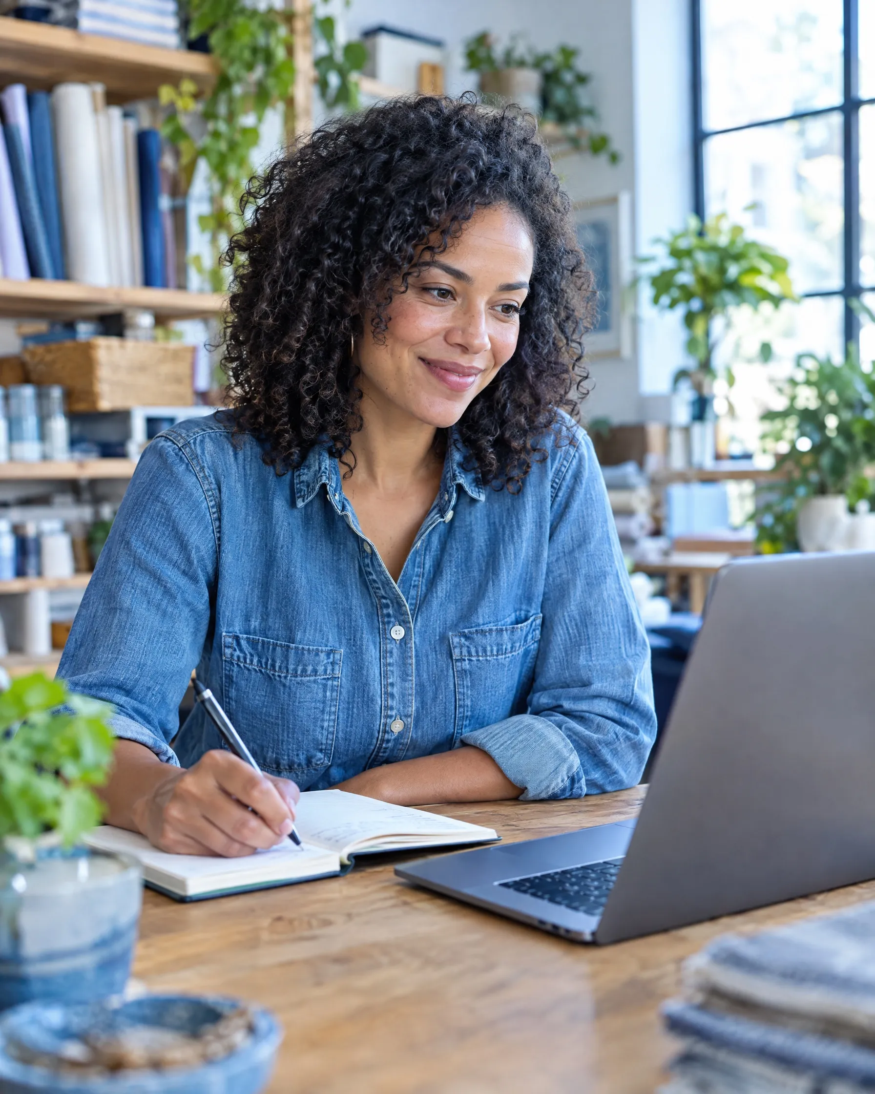 A small business owner takes notes during a video call at her workshop table.