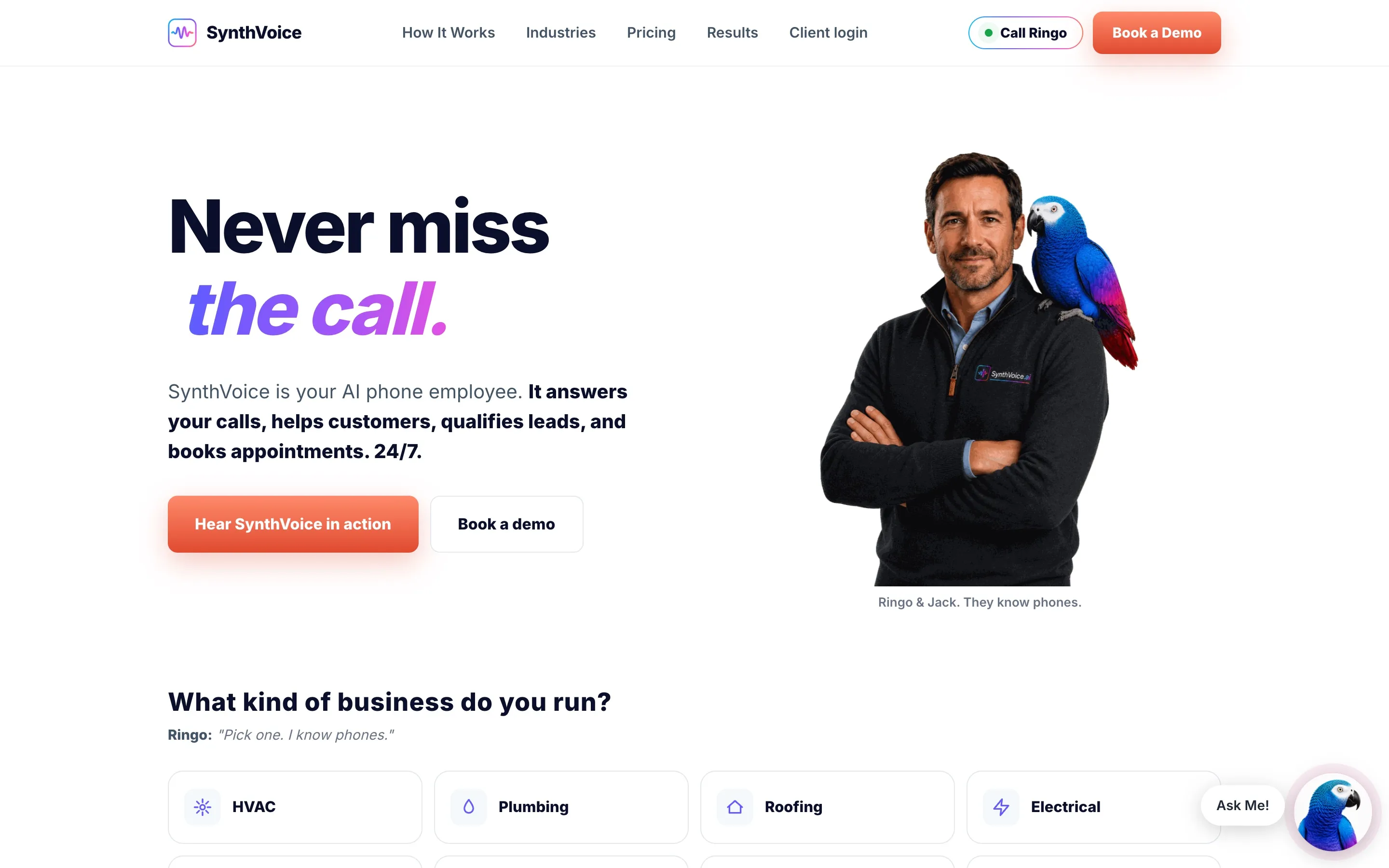 SynthVoice homepage with the headline "Never miss the call," buttons to hear SynthVoice in action or book a demo, and a business-type selector.