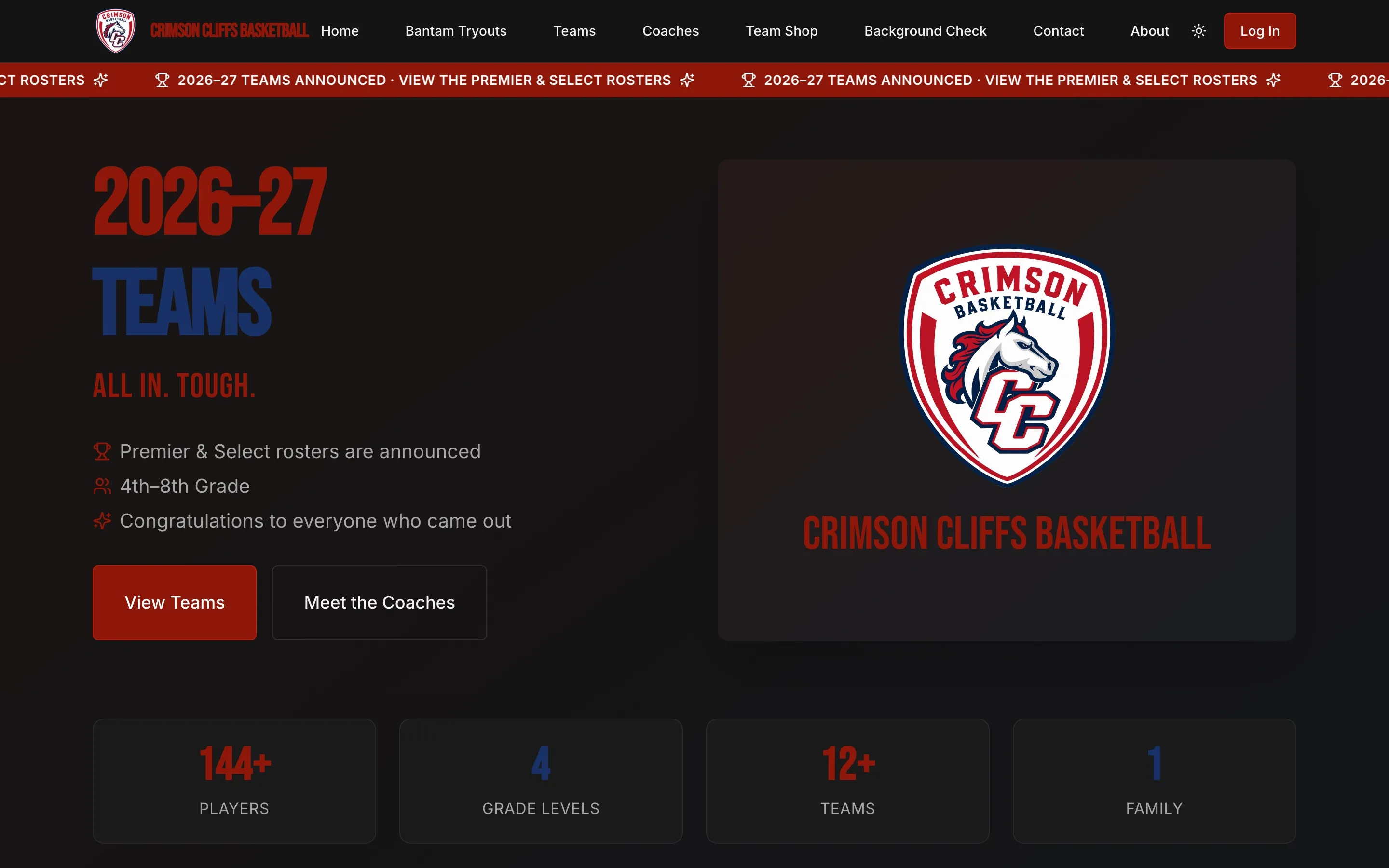 Crimson Cliffs Basketball homepage announcing 2026–27 teams, with View Teams and Meet the Coaches buttons and the program crest.