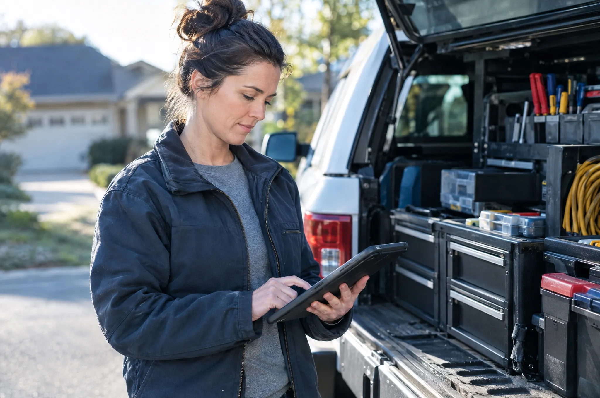 A home services business owner reviews a customer quote on a tablet beside her work truck.