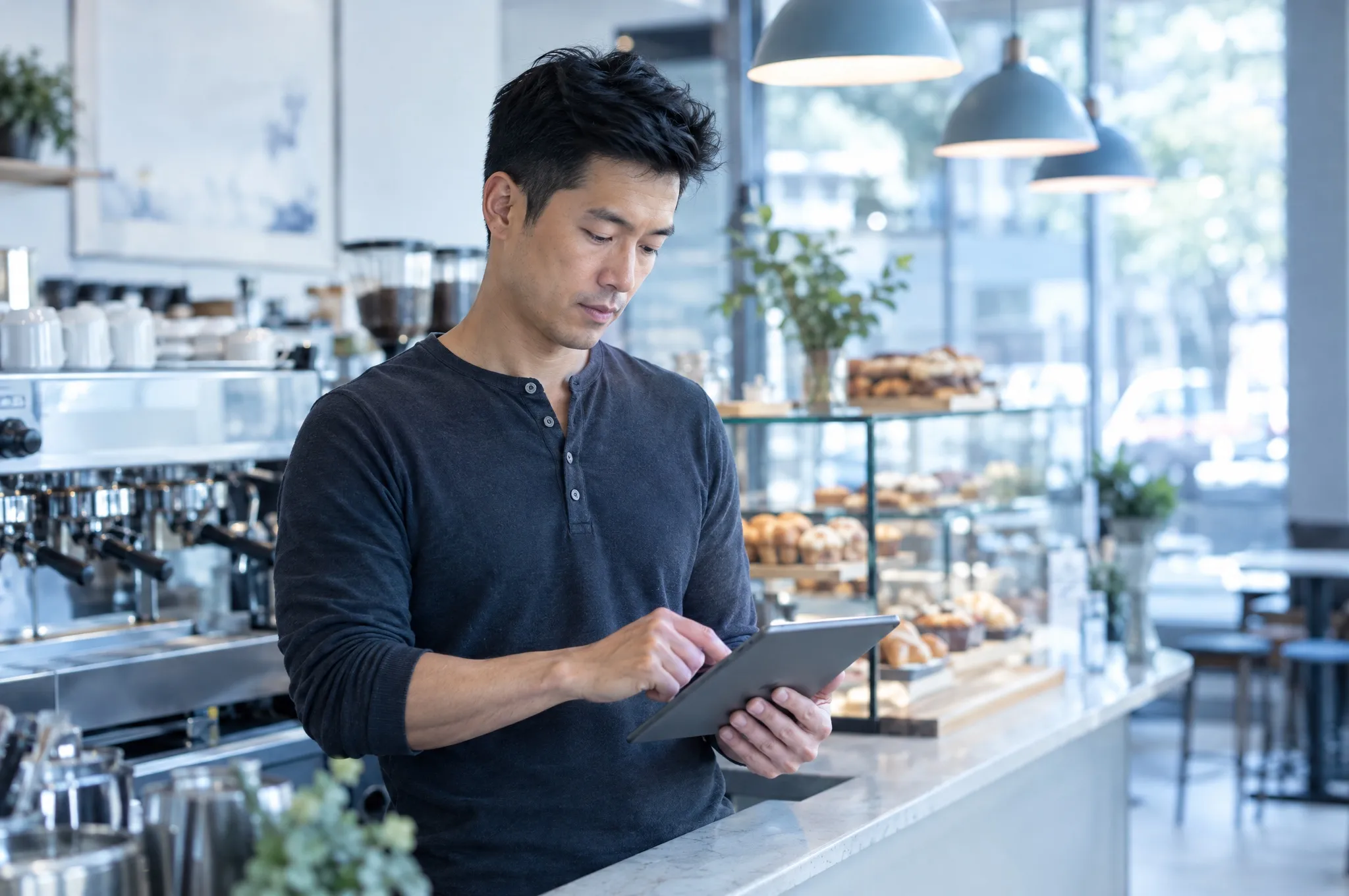 The operations director of a café group plans the day on a tablet behind the counter.