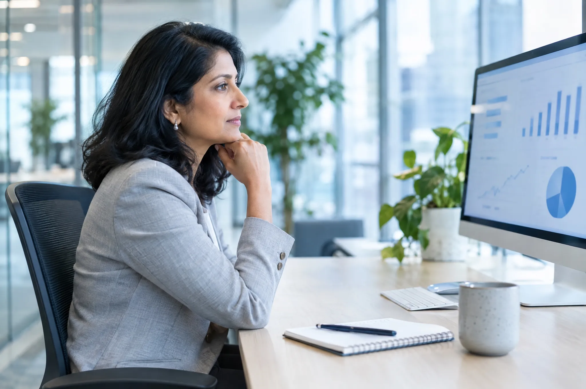 The founder of an accounting firm reviews a report on her monitor in a bright office.
