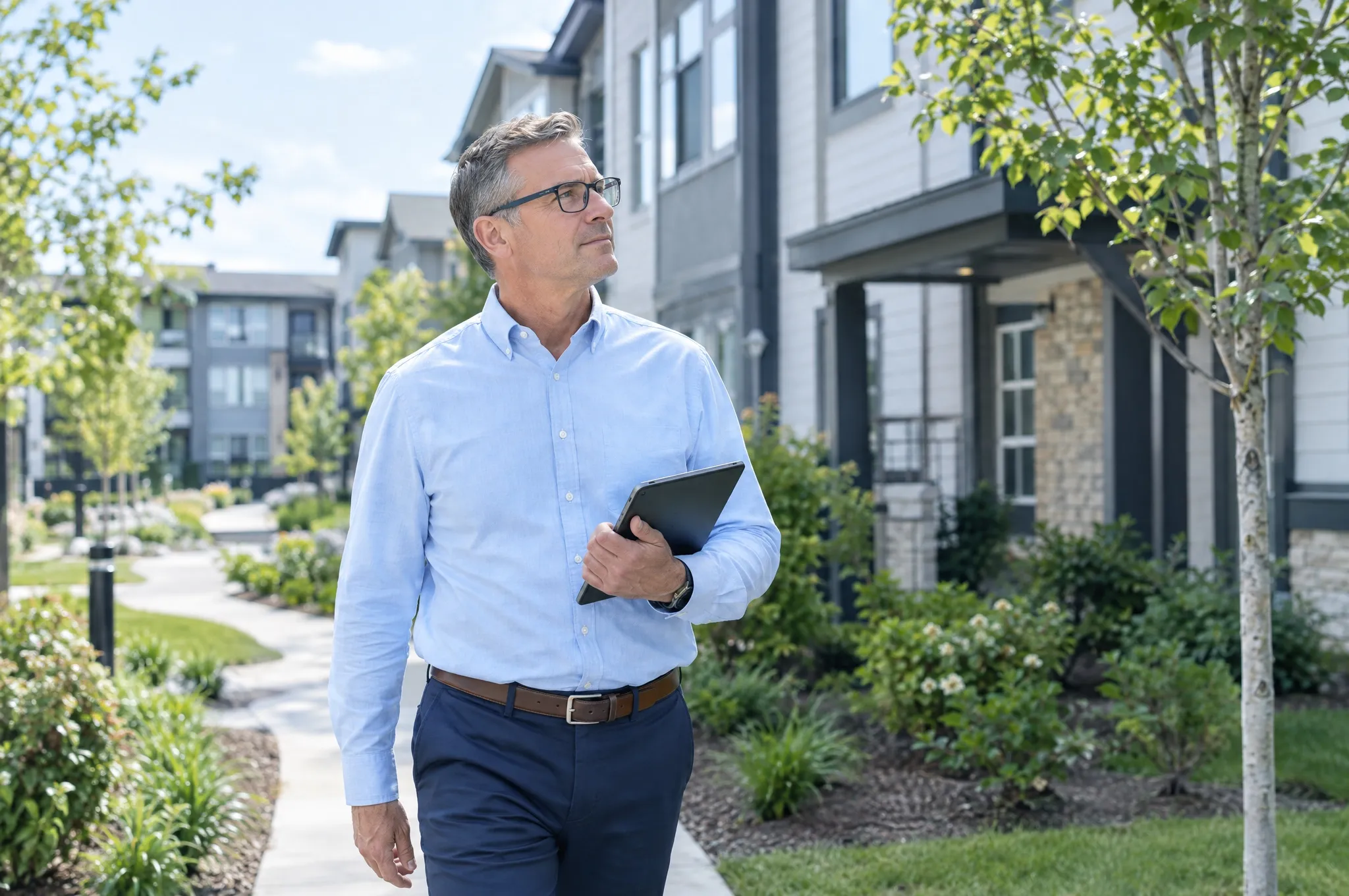 A property manager walks through an apartment community holding a tablet.