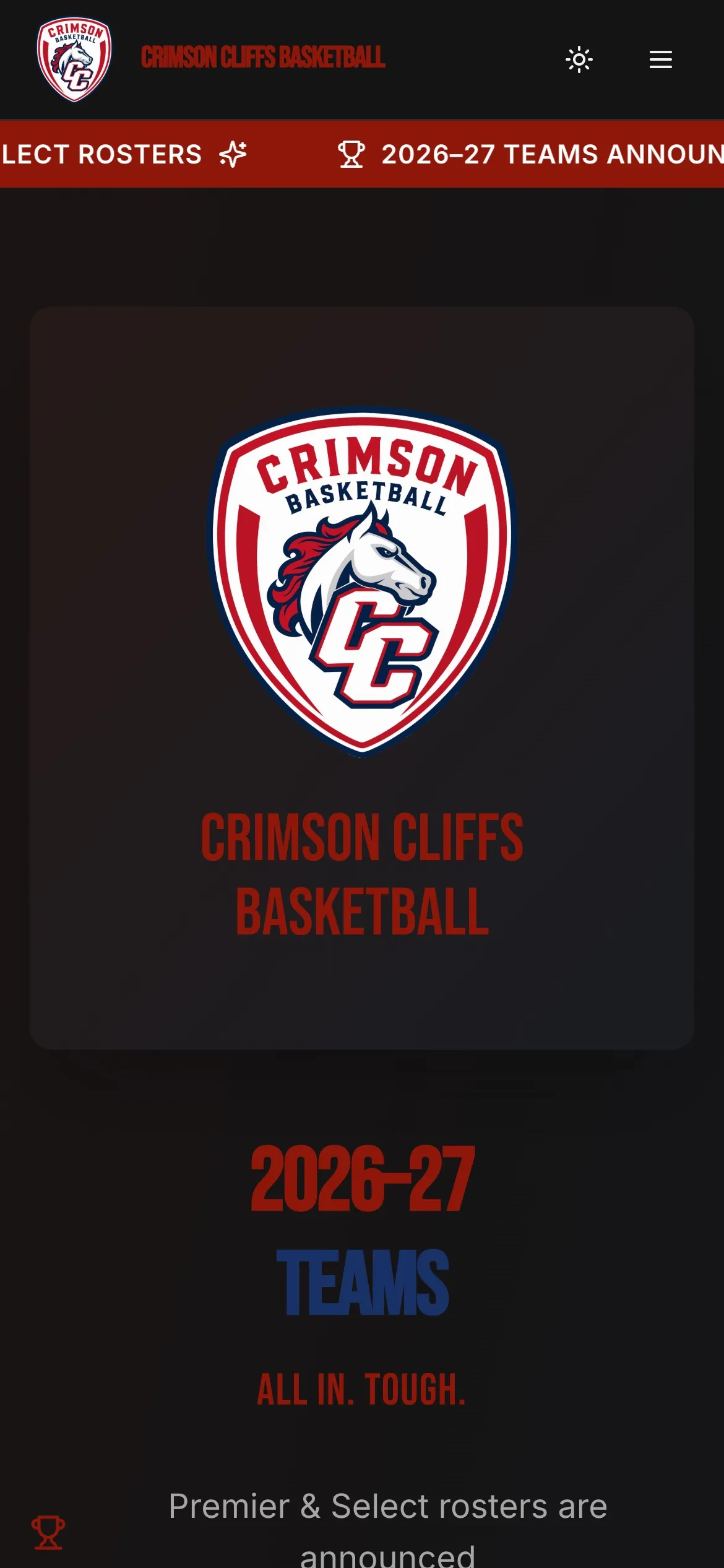 Crimson Cliffs Basketball homepage on a phone with the program crest and 2026–27 teams announcement.