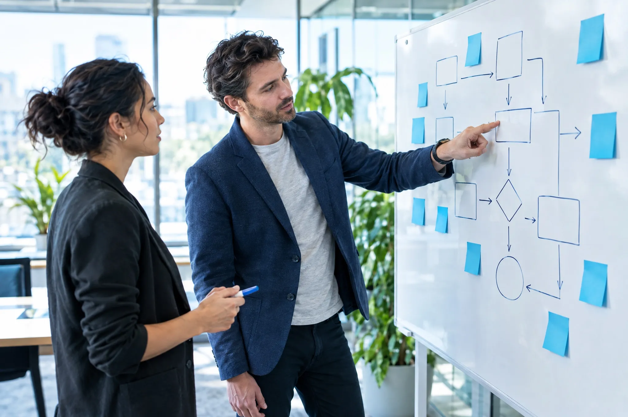 A business owner and a consultant map out a workflow together on a whiteboard.