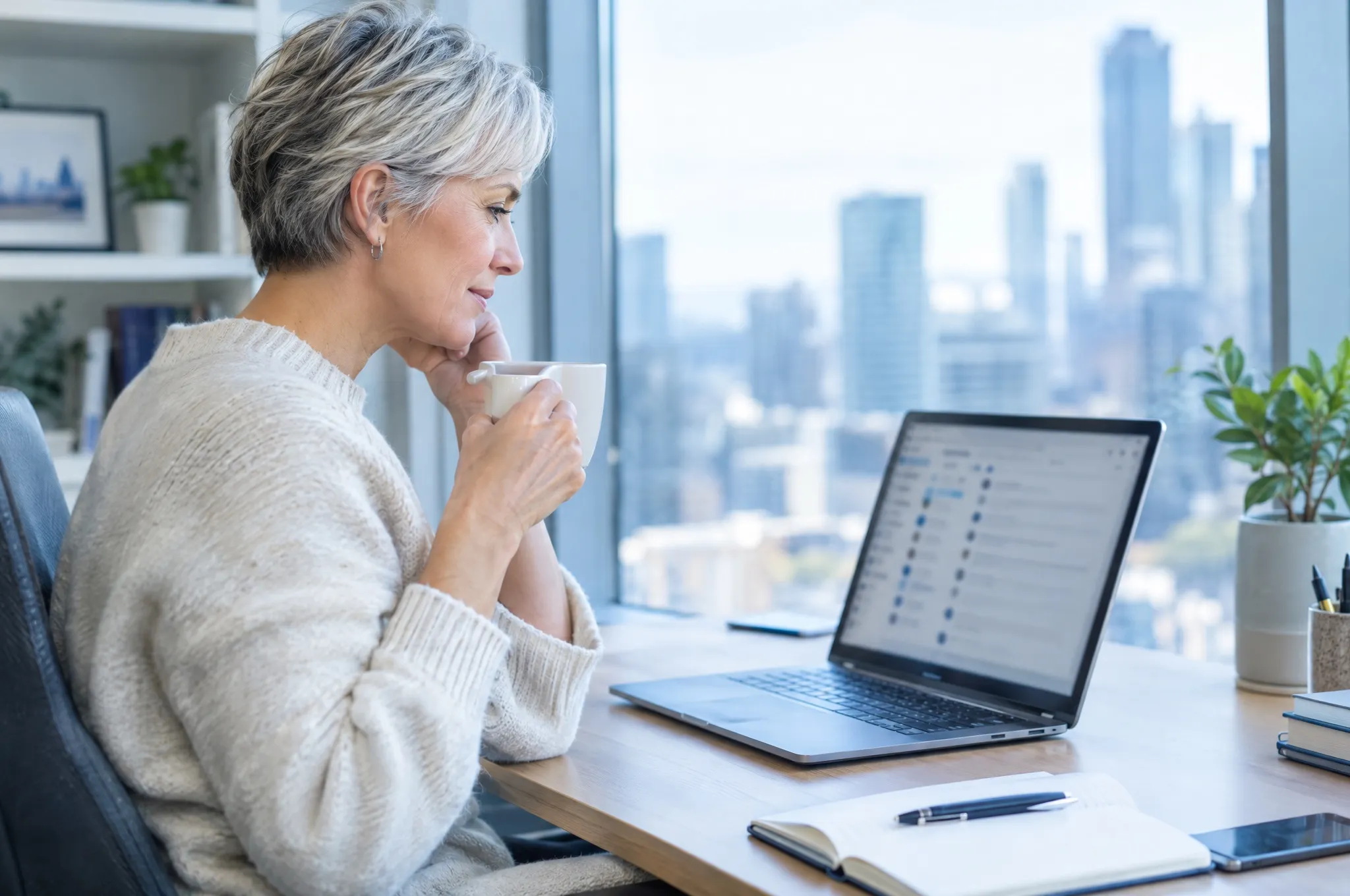 An insurance agency owner reads an organized summary of customer messages on her laptop over morning coffee.