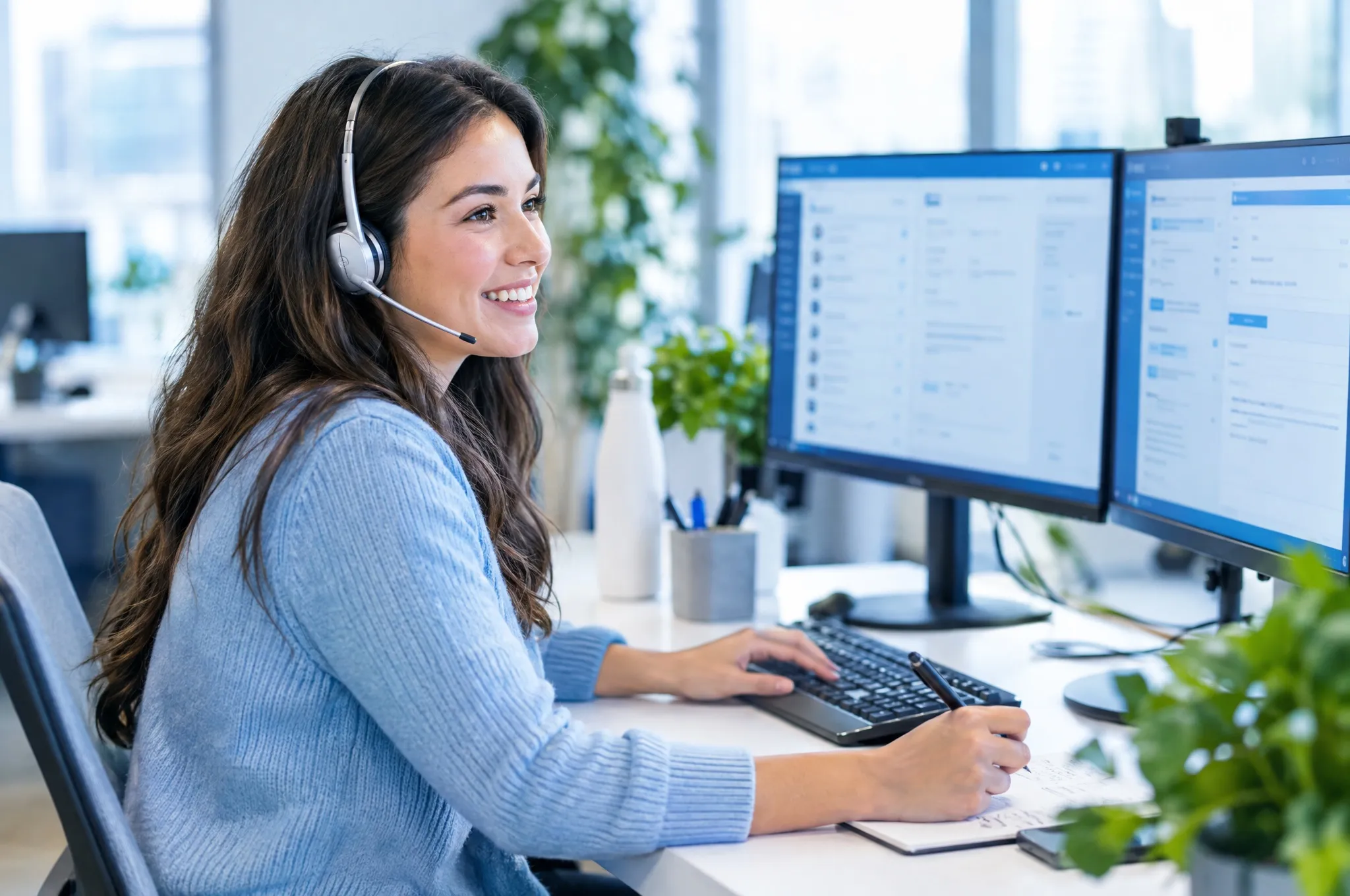 An office coordinator wearing a headset talks with a customer while updating records on two monitors.
