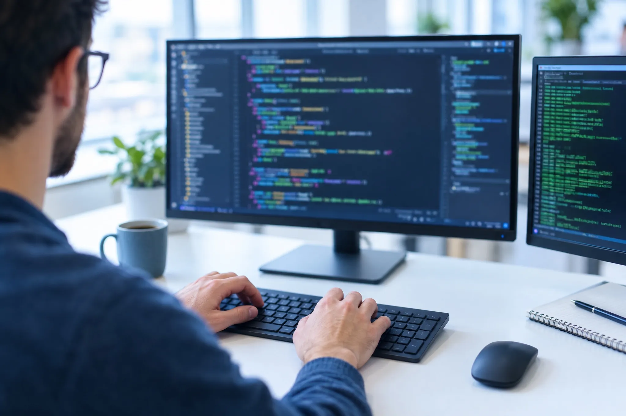 A developer works on code across two monitors at a bright desk.