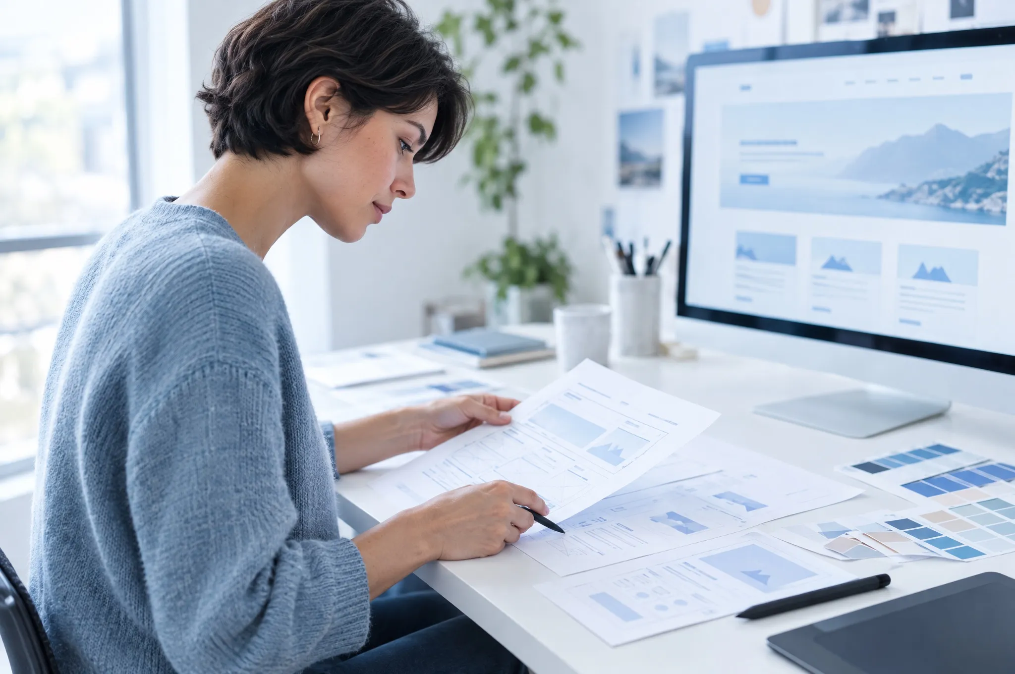 A designer reviews printed website layouts next to a monitor showing a website design.
