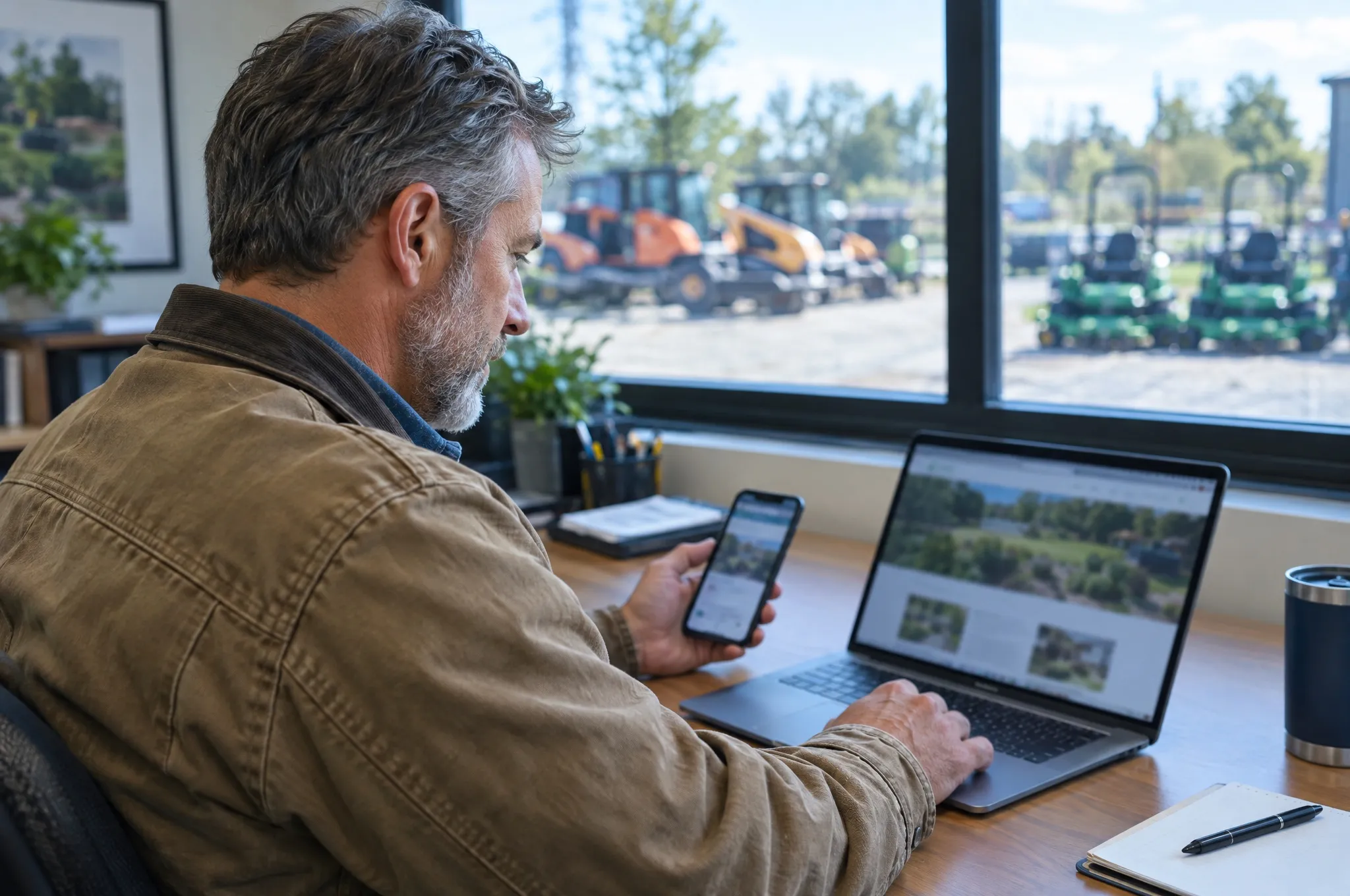 A landscaping company owner reviews his business website on a laptop and phone in his office.